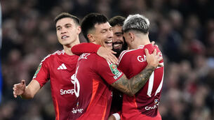 <p>FIVE-STAR: Manchester United's Bruno Fernandes celebrates scoring their side's third goal of the game with team-mates. Pic: Nick Potts/PA Wire.</p>