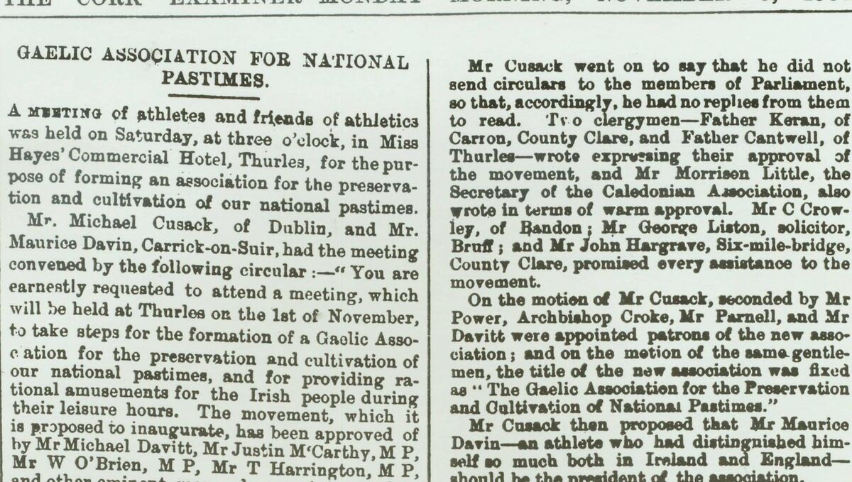 The Cork Examiner report on the foundation of the GAA on November 1, 1884