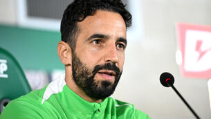 <p>Ruben Amorim during a Sporting Lisbon press conference at the Alcochete Academy this week. </p>