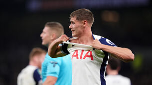 <p>Micky van de Ven appears dejected during Tottenham’s 2-1 win over Manchester City (John Walton/PA)</p>