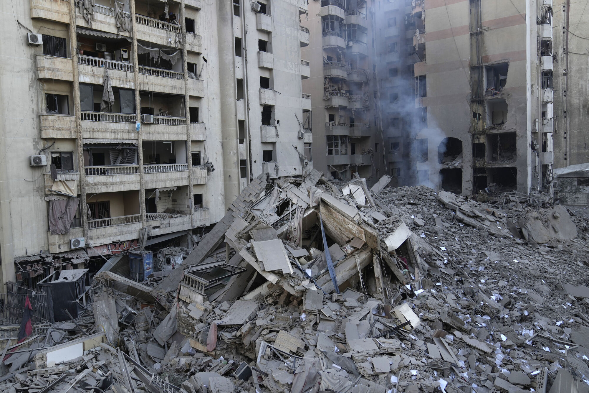 Smoke rises from a destroyed building that was hit by an Israeli airstrike on Dahiyeh, in the southern suburb of Beirut, Lebanon, Friday, Nov. 1, 2024. Picture: AP Photo/Hussein Malla