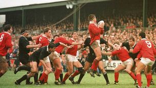 <p>Munster’s Ken O’Connell wins a lineout against the All Blacks at Musgrave Park in the 1989. The visitors won the game 31-9. Pic: Fotoware</p>