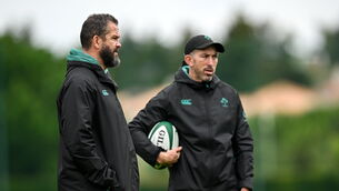 <p>PLOTTING: Head coach Andy Farrell, left, and assistant coach Andrew Goodman during an Ireland Rugby squad training session at The Campus in Quinta da Lago. Pic: Seb Daly/Sportsfile</p>