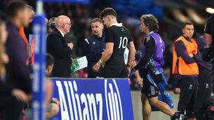 <p>BIG LOSS: New Zealand’s Beauden Barrett leaves the field for a HIA. Pic: James Crombie/Inpho</p>