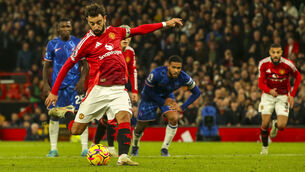 <p>ON THE SPOT: Manchester United's Bruno Fernandes scores his side's goal . Pic: Photo/Ian Hodgson</p>