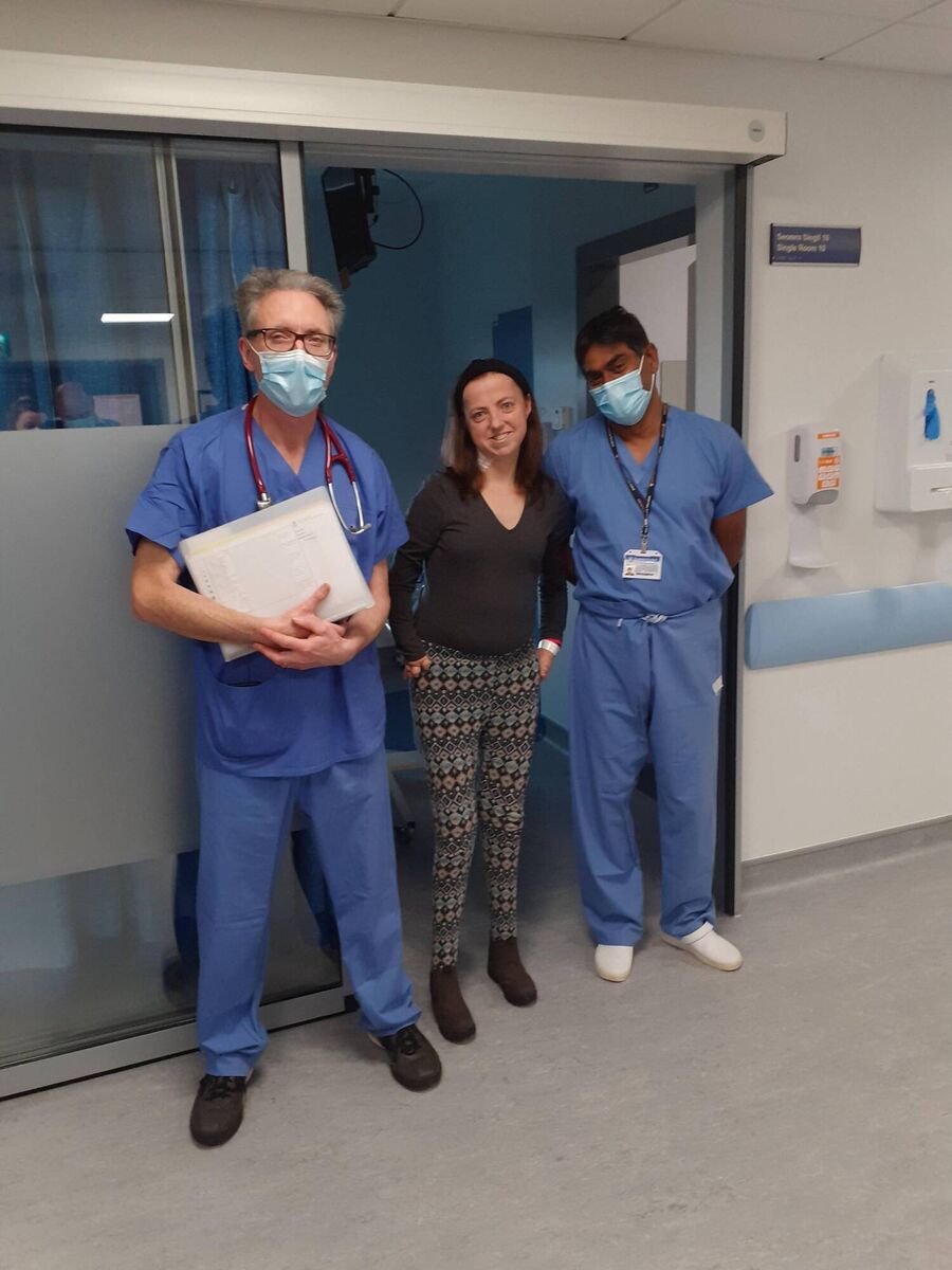 Sally Nagle with Dr Ponnusamy Mohan and Dr Colm Magee who is also part of the renal and transplant team. Sally Nagle with Dr Ponnusamy Mohan and Dr Colm Magee who is also part of the renal and transplant team.