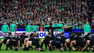 <p>FRONTING UP: The Ireland team face the New Zealand haka in Paris last year. Pic: INPHO/Dan Sheridan</p>