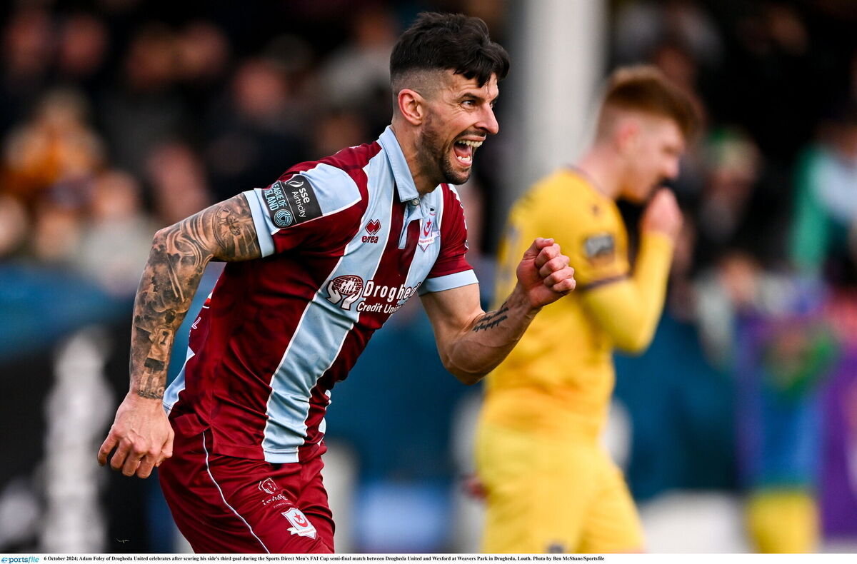 35-year-old Foley celebrates scoring in the FAI Cup semi-final against Wexford. 