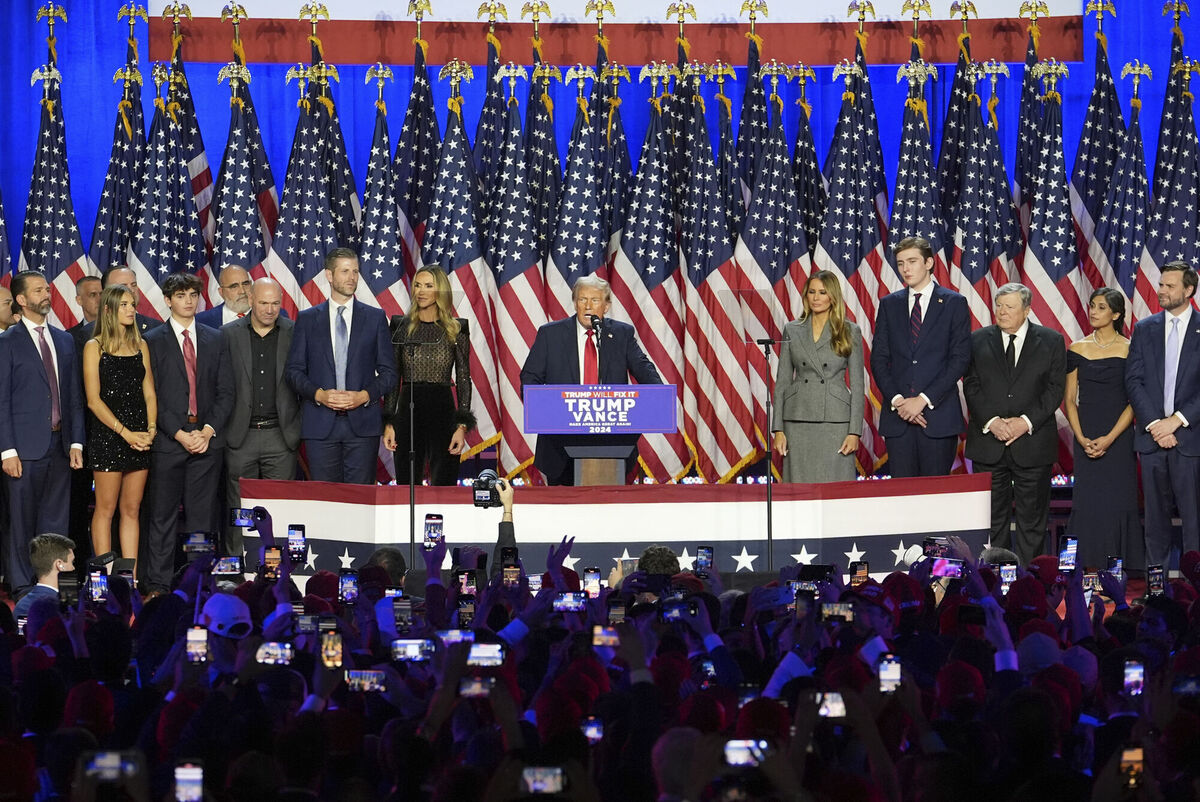 Republican Presidential nominee former President Donald Trump speaks at the Palm Beach County Convention Center during an election night watch party, Wednesday, Nov. 6, 2024, in West Palm Beach, Fla. Picture: AP Photo/Lynne Sladky