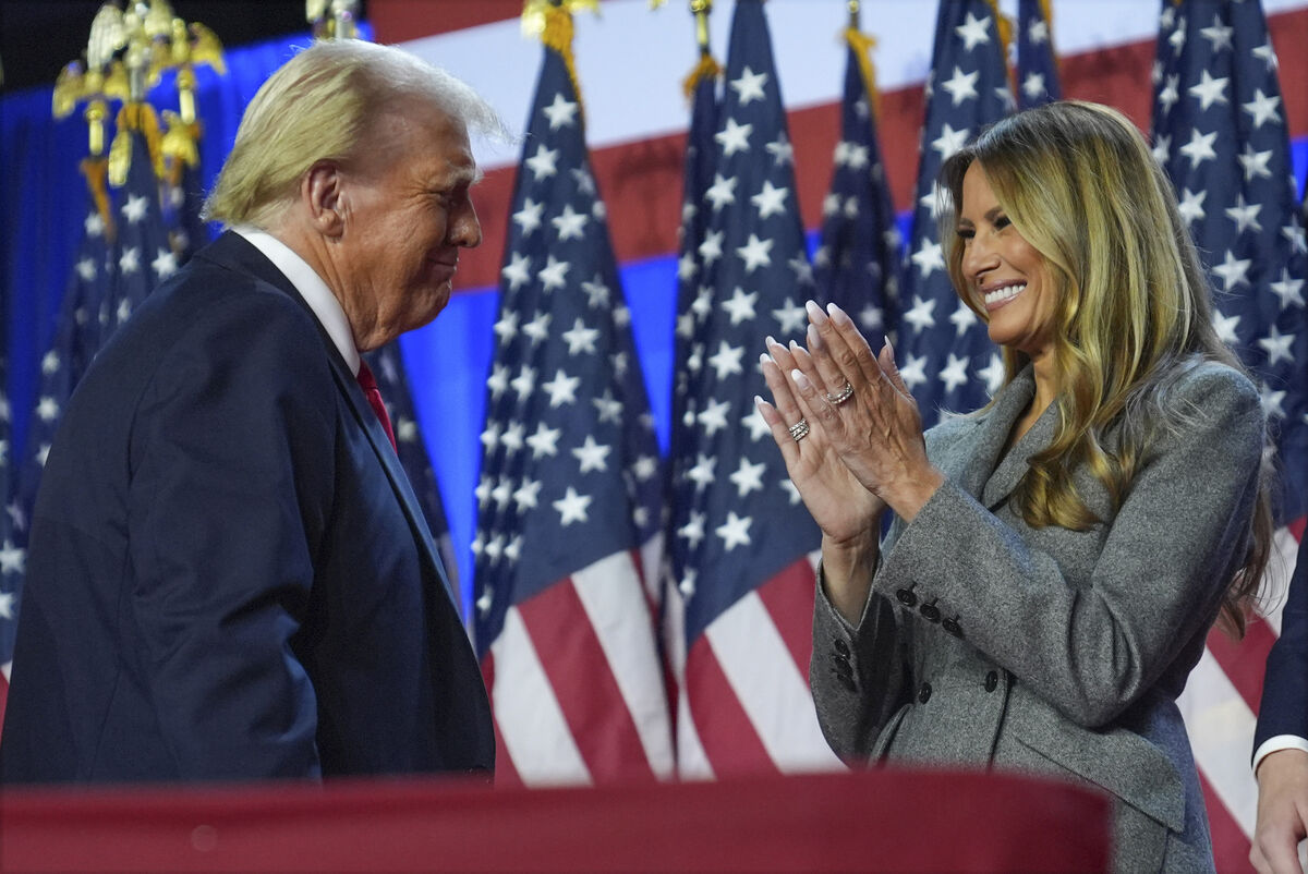 Republican presidential nominee former President Donald Trump smiles at former first lady Melania Trump at an election night watch party at the Palm Beach Convention Center, Wednesday, Nov. 6, 2024, in West Palm Beach, Fla. Picture: AP Photo/Evan Vucci