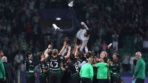 <p>Sporting Lisbon's coach Ruben Amorim is celebrated by his players at the end of the  Champions League win over Man City. Photo by FILIPE AMORIM / AFP via Getty Images</p>