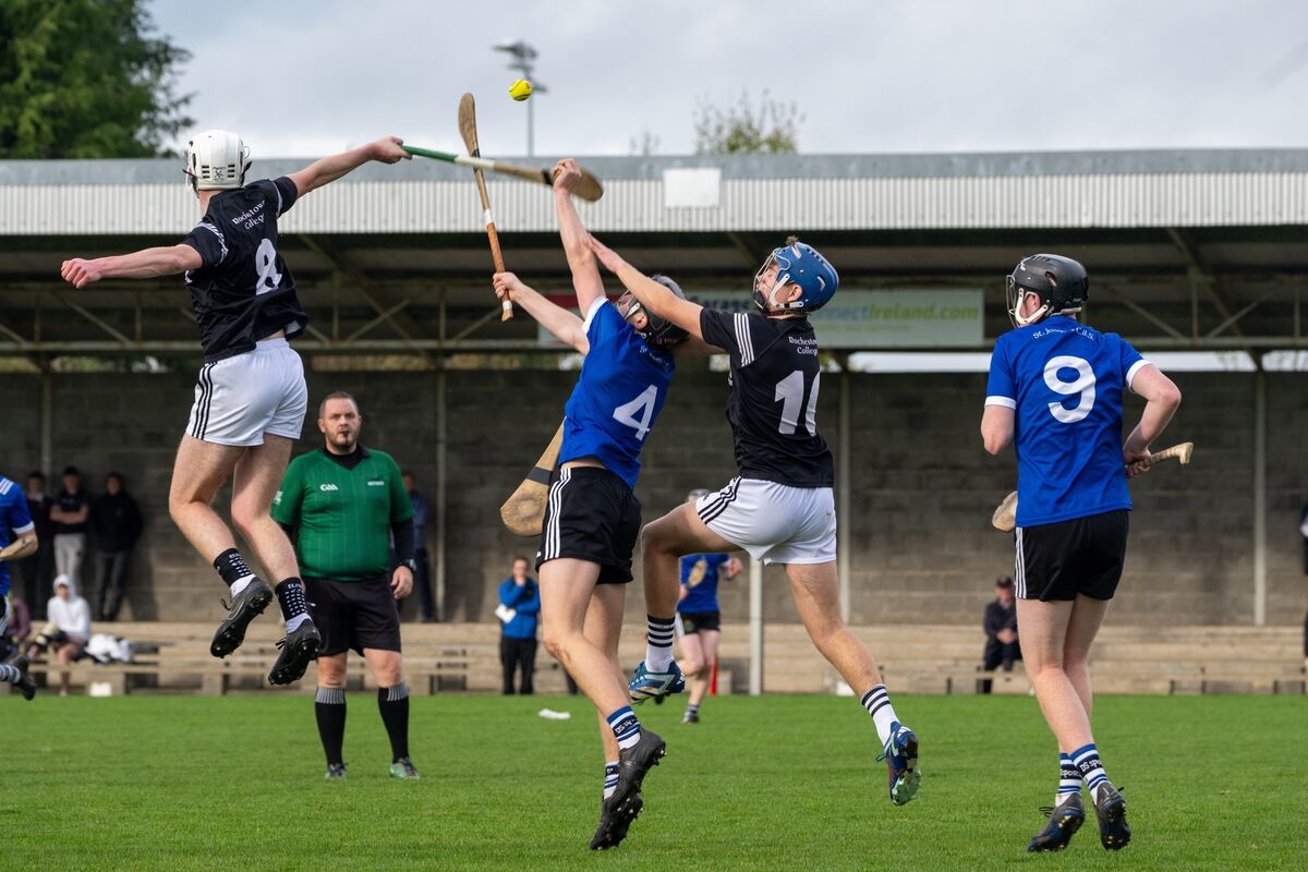 Rochestown’s Brian Lynch and Odhran O’ Donovan and Nenagh’s Patrick Ryan in the air during a Dr Harty Cup clash. Picture Chani Anderson
