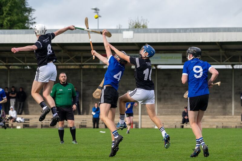 Rochestown’s Brian Lynch and Odhran O’ Donovan and Nenagh’s Patrick Ryan in the air during a Dr Harty Cup clash. Picture Chani Anderson Rochestown’s Brian Lynch and Odhran O’ Donovan and Nenagh’s Patrick Ryan in the air during a Dr Harty Cup clash. Picture Chani Anderson