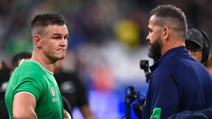 <p>Johnny Sexton and Andy Farrell after their side's defeat in the 2023 Rugby World Cup quarter-final match against New Zealand. Picture: Ramsey Cardy/Sportsfile</p>