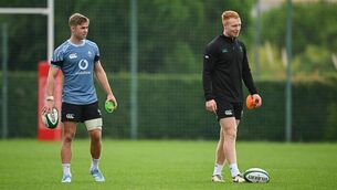 <p>RIVALS: Jack Crowley, left, and Ciarán Frawley during an Ireland squad training session at The Campus in Quinta da Lago, Portugal. Photo by Seb Daly/Sportsfile</p>