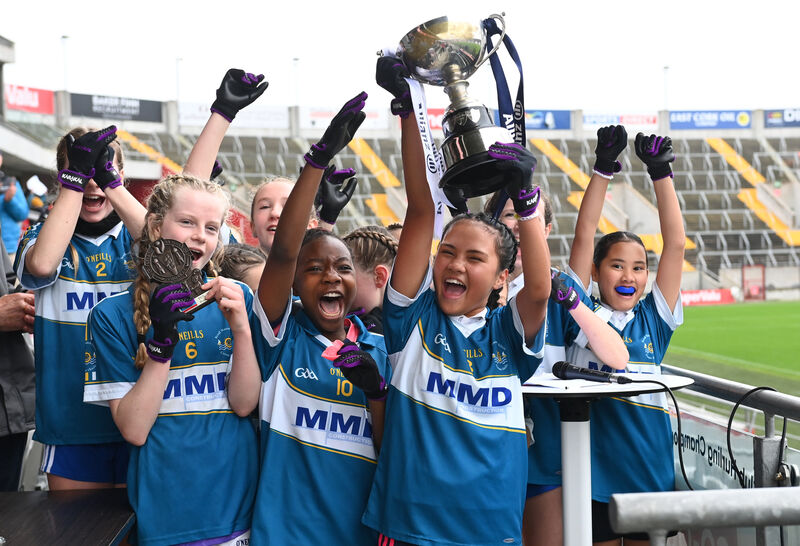 Joy for Scoil Naomh Eltin Girls NS, Kinsale after the win against Rennies NS in the DGF5 final.