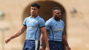 <p>Joseph Sua'ali'i and Samu Kerevi train with the Wallabies. Pic: Mark Metcalfe/Getty Images</p>