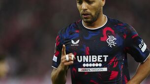 <p>Rangers' Cyriel Dessers celebrates</p>