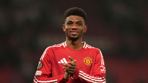 Manchester United’s Amad Diallo applauds the fans after the UEFA Europa League match at Old Trafford, Manchester