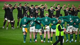 <p>TIGHT CONTEST: The Ireland team face down the New Zealand Haka. Photo by Sam Barnes/Sportsfile</p>