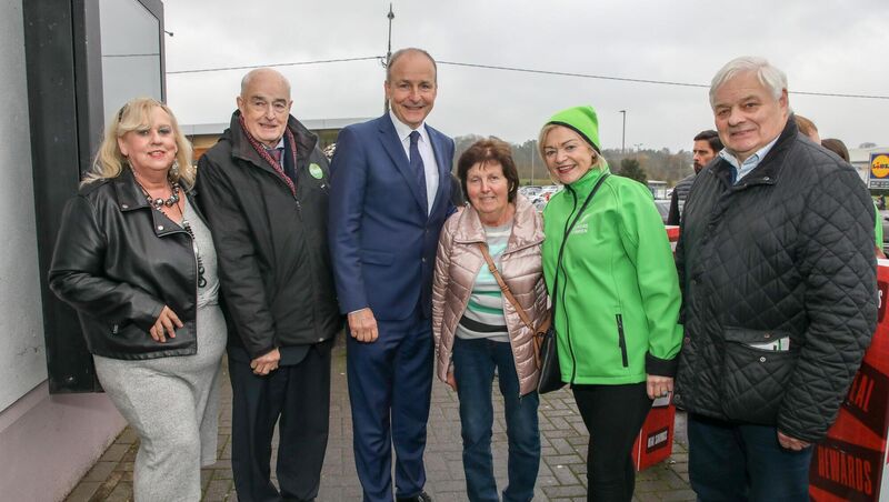 Tánaiste Micheál Martin and election candidate Cllr Deirdre O'Brien meet Breada Hannon, Ned O'Keffee, Eileen Carey, and Cllr Fran O'Flynn while out canvassing in Fermoy, Co. Cork. Picture: David Creedon