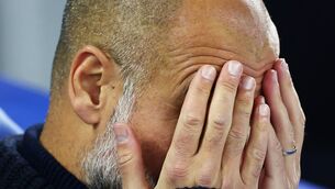 <p>HEADACHES MOUNTING: Manchester City manager Pep Guardiola reacts during the Premier League match at American Express Stadium, Brighton. Pic: Bryn Lennon/Getty Images</p>