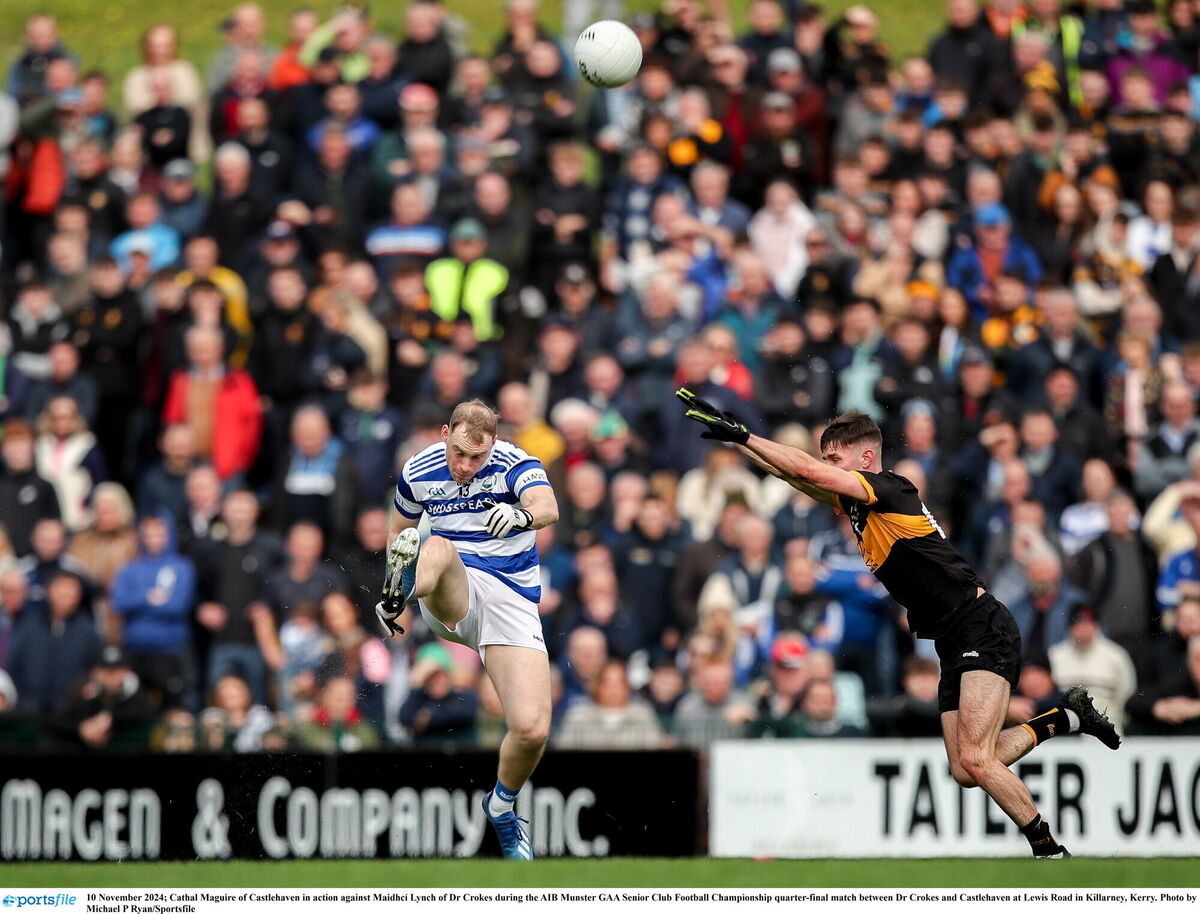Cathal Maguire of Castlehaven in action against Maidhcí Lynch of Dr Crokes. Photo by Michael P Ryan/Sportsfile