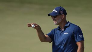 <p>Waring prepares to take a shot on 7th green</p>