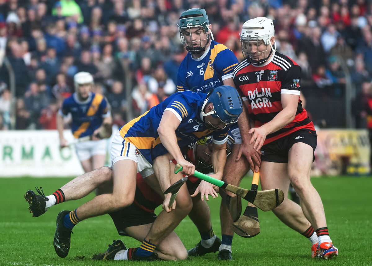 Cappataggle’s Niall Collins, Jarlath Mannion and Loughrea’s Kieran Hanrahan and Shane Morgan. Pic: Credit ©INPHO/Evan Logan