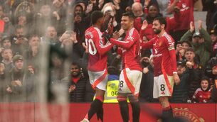 <p>Manchester United's Bruno Fernandes celebrates scoring against Leicester. Picture: Martin Rickett/PA Wire.</p>