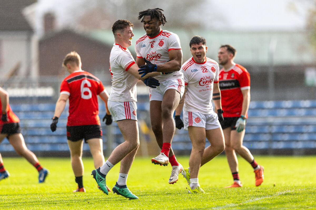 Ikem Ugwueru and Gavin Cooney of Eire Og celebrate scoring a goal against Adare in the Munster Club SFC quarter-final. Picture: ©INPHO/Natasha Barton