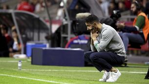 <p>Sporting's head coach Ruben Amorim watches from the touchline. Pic:AP Photo/Luis Vieira.</p>