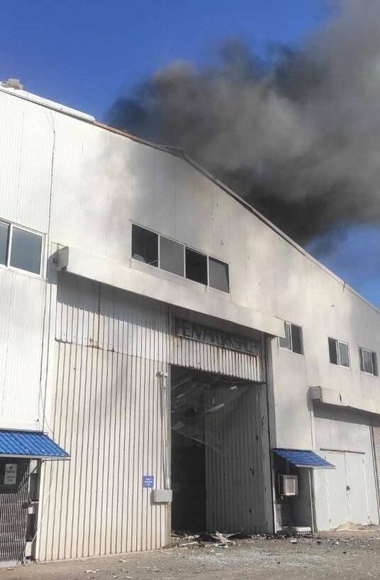 A photo shared by Unifil on October 29 after a rocket hit Unifil's headquarters in Naqoura, setting a vehicle workshop on fire. Picture: X/@UNIFIL_ 