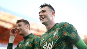 <p>David Harrington (right) Mark Travers (left) before the international friendly match between Portugal and Republic of Ireland. Picture: Stephen McCarthy/Sportsfile</p>