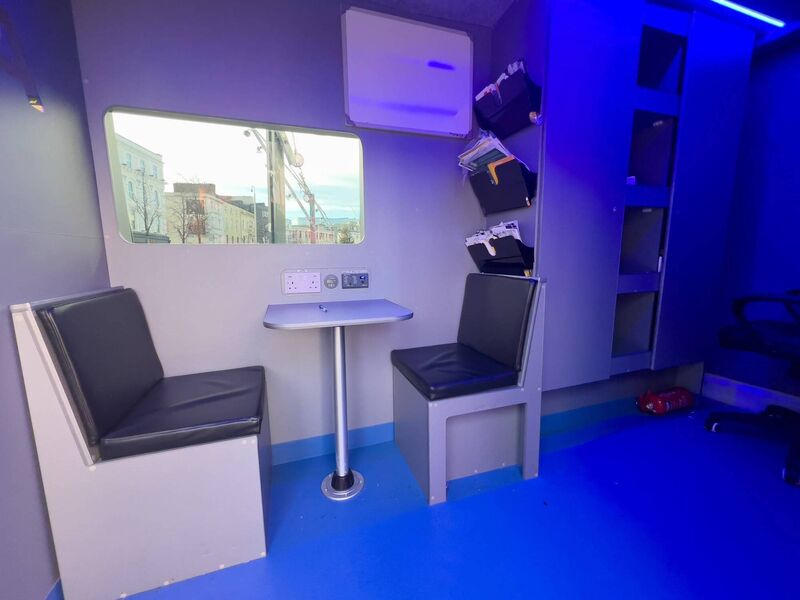 The new van has seating and a table to allow gardaí to take statements. Photo: Noel Sweeney The new van has seating and a table to allow gardaí to take statements. Photo: Noel Sweeney