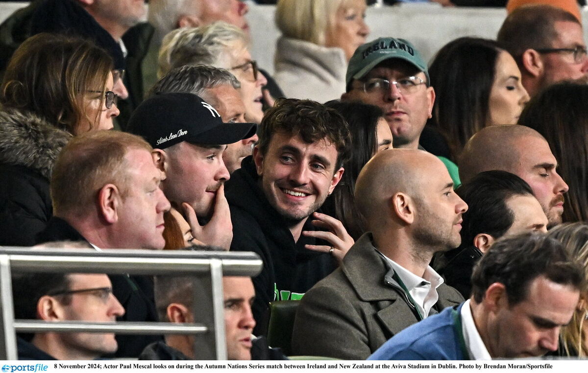 Actor Paul Mescal looks on during the Autumn Nations Series match between Ireland and New Zealand at the Aviva Stadium in Dublin. Pic: Brendan Moran/Sportsfile