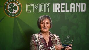 <p>TRAILBLAZER: Nora McHugh with her Hall of Fame award during the 34th FAI International Awards at the Aviva Stadium in Dublin. Pic: Ben McShane/Sportsfile</p>