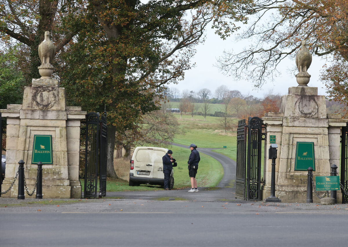 Security at the gate of the Ballyfin Hotel. Picture: Eamonn Farrell/RollingNews.ie