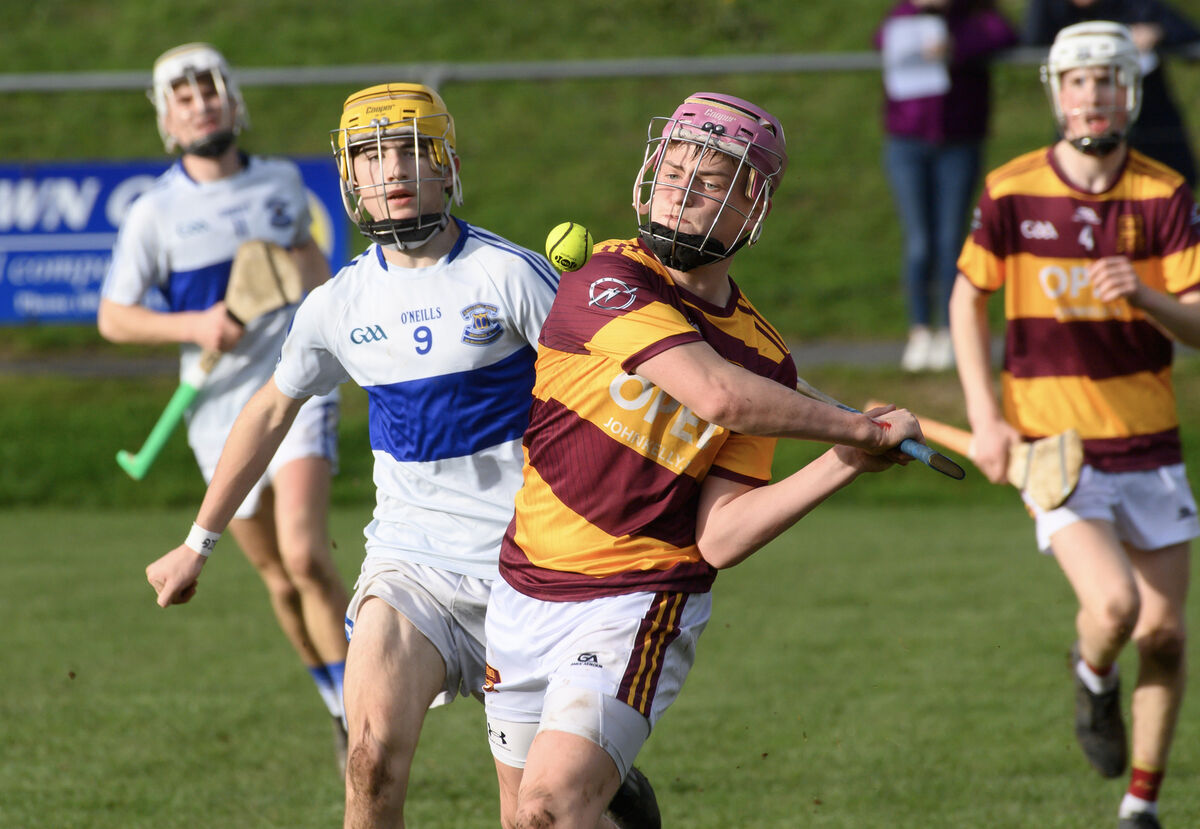  Nathan Ó Coffaigh, Gaelcholáiste Mhuire AG looking to tackle Daragh Keane, De La Salle, College, Waterford in the Dean Ryan U17A Munster Hurling Championship semi-final at Bansha, Co Tipperary. Pic: Dan Linehan