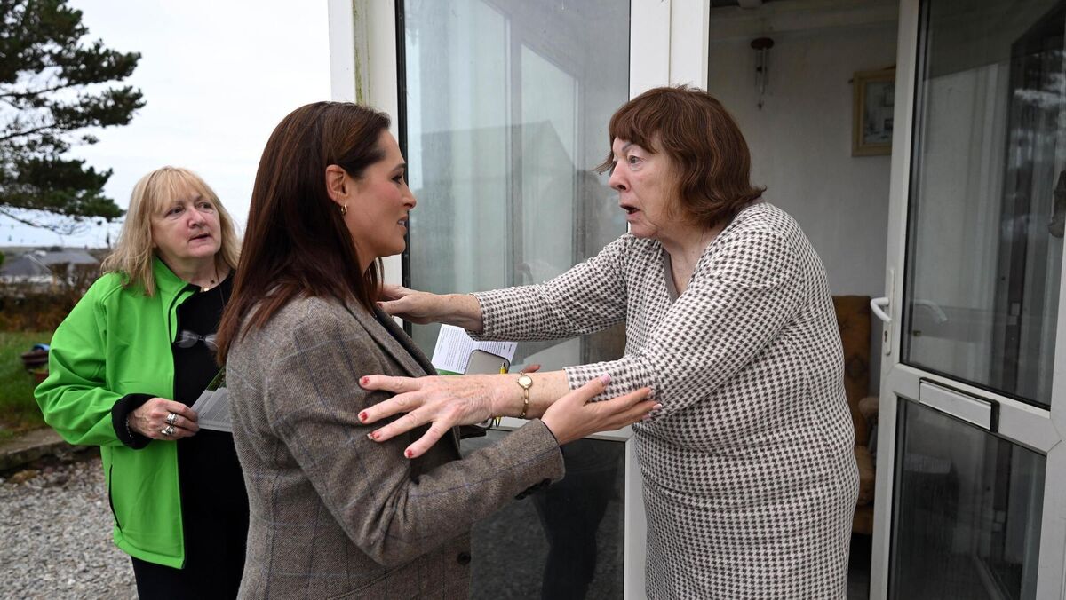 Gráinne Seoige greets Annie Devaney at her house while on an election walkabout in Connemara with Breege Hopkins. Picture: Ray Ryan