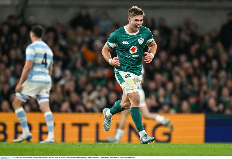 Jack Crowley celebrates kicking a drop goal during the Autumn Nations Series match between Ireland and Argentina. Pic: Brendan Moran/Sportsfile