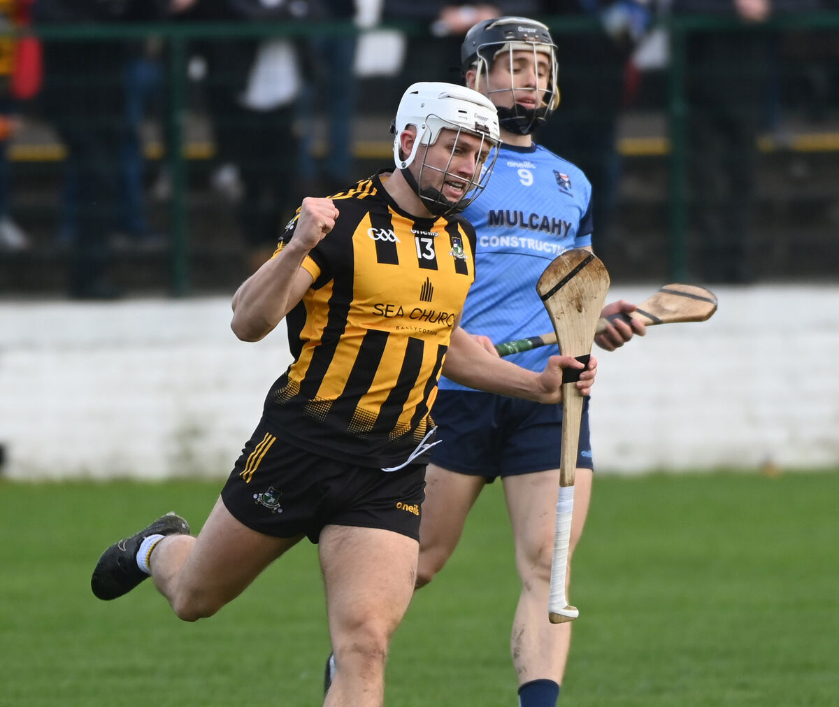 Russell Rovers' Josh Beausang celebrates his goal against Moyle Rovers during the AIB Munster junior club HC semi final at Midleton. Pic: Eddie O'Hare