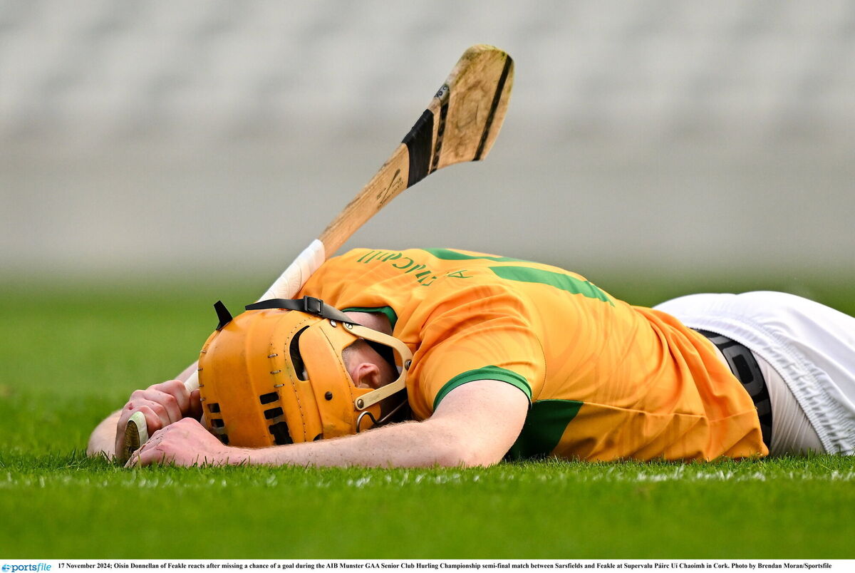 Oisín Donnellan of Feakle reacts after missing a goal chance. Photo by Brendan Moran/Sportsfile