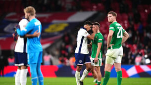<p>HEAD-TO-HEAD: England's Jude Bellingham and Republic of Ireland's Jayson Molumby after the final whistle in the UEFA Nations League Group B2 match at Wembley Stadium. Pic: John Walton/PA Wire.</p>
