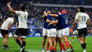 <p>STADE SHOW: Romain Buros of France (obscured) celebrates with teammates after scoring his team's first try against the All Blacks at the Stade de France. Picture: Franco Arland/Getty Images</p>
