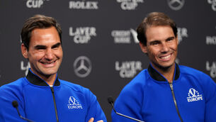 <p>Team Europe's Roger Federer and Rafael Nadal (right) during a press conference ahead of the Laver Cup.</p>