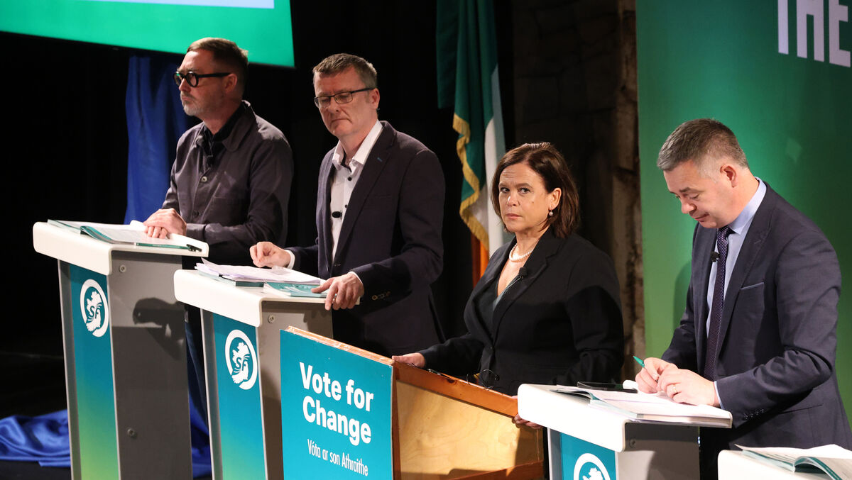 Party leader Mary Lou McDonald with Eoin Ó Broin, David Cullinane, and Pearce Doherty, as they launch Sinn Féin's election manifesto at Smock Alley Theatre in Temple Bar. Picture: Sasko Lazarov/©RollingNews.ie