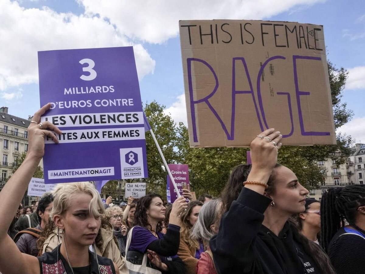 People take part in a gathering in support of 71-year-old Gisèle Pelicot who was allegedly drugged by her ex-husband and raped by dozens of men while unconscious, Saturday, Sept. 14, 2024 in Paris. Picture: AP Photo/Michel Euler
