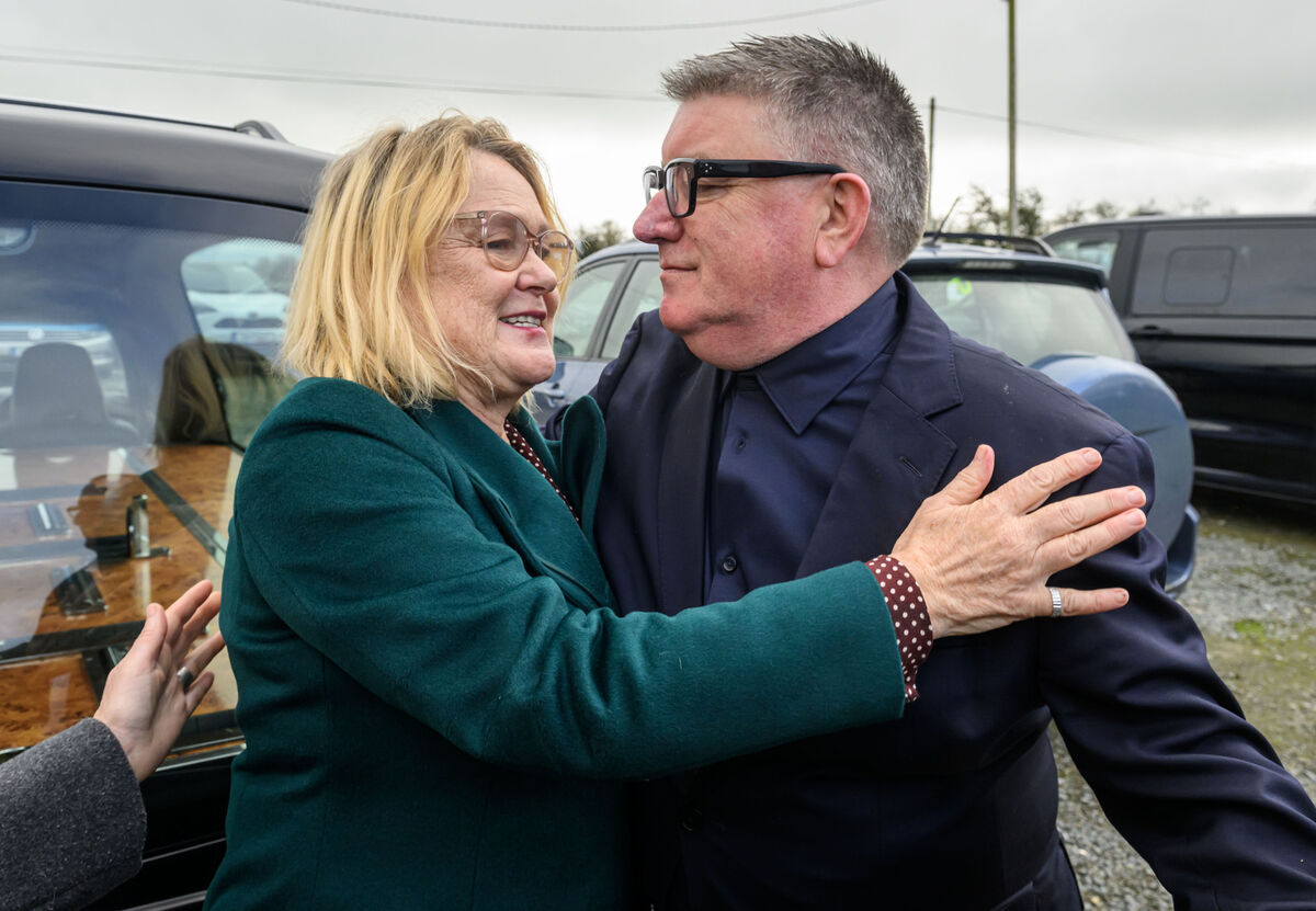 The late Jon Kenny's wife Margy with Pat Shortt at the funeral mass for for her late husband at St. Patrick's Church, Lough Gur, Bruff, Co Limerick. Picture: Dan Linehan