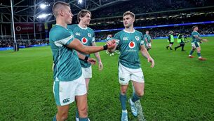 <p>WELL DONE: Ireland's Sam Prendergast, Ryan Baird and Jack Crowley after the victory over Argentina. Pic: Ben Brady, Inpho</p>